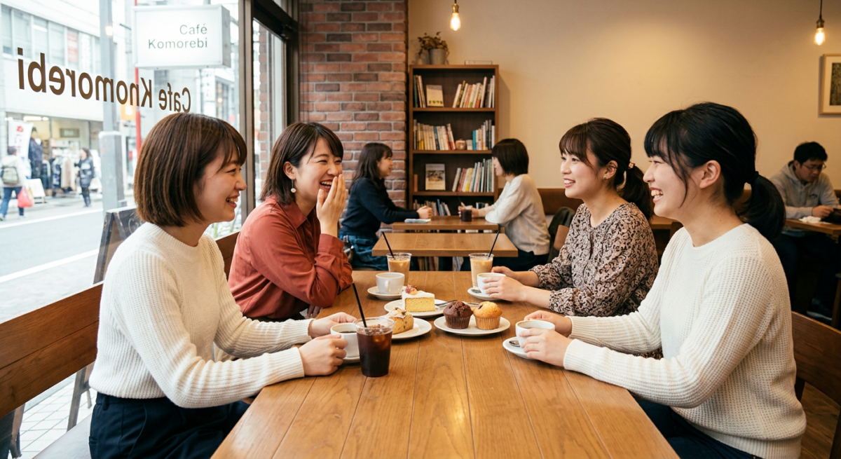 Three friends laughing together over coffee and desserts in a café